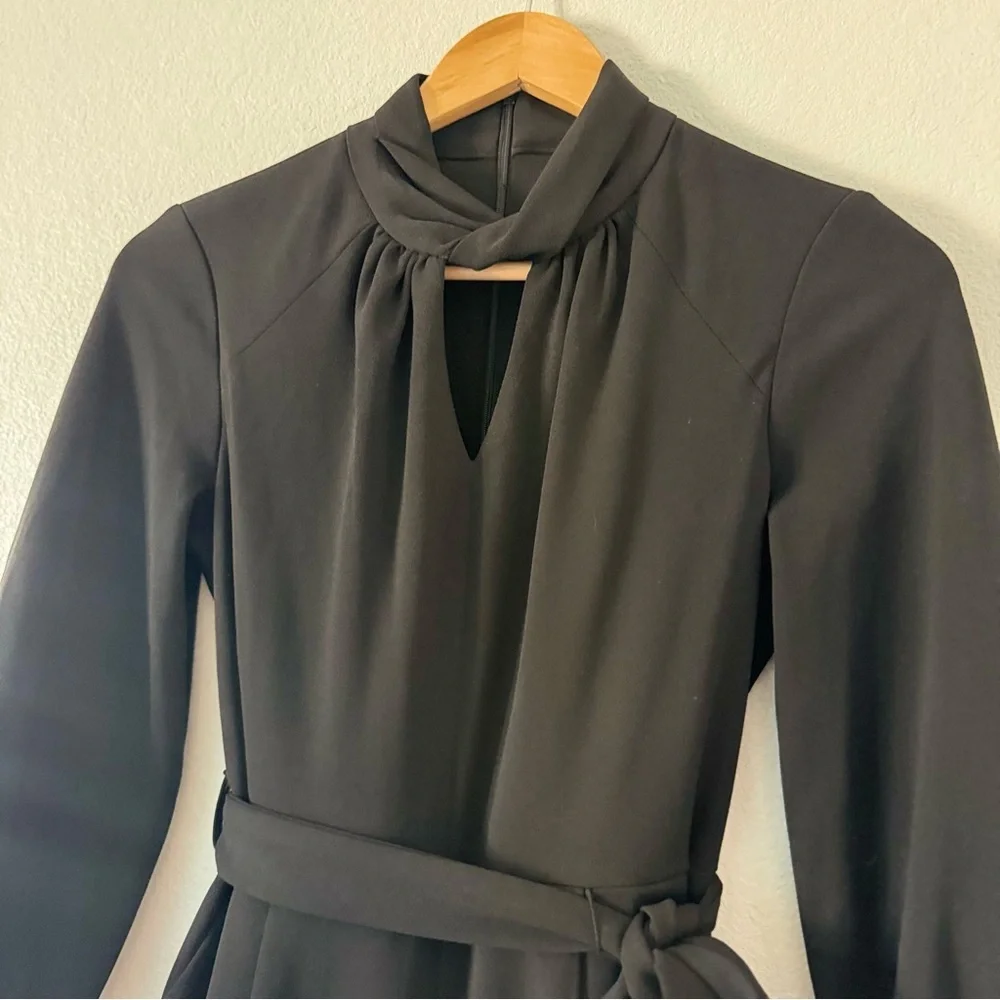 New Calvin Klein Jumpsuit Black Sz 2 Wide Crop High Neck Peep Hole, Tie, Pocket